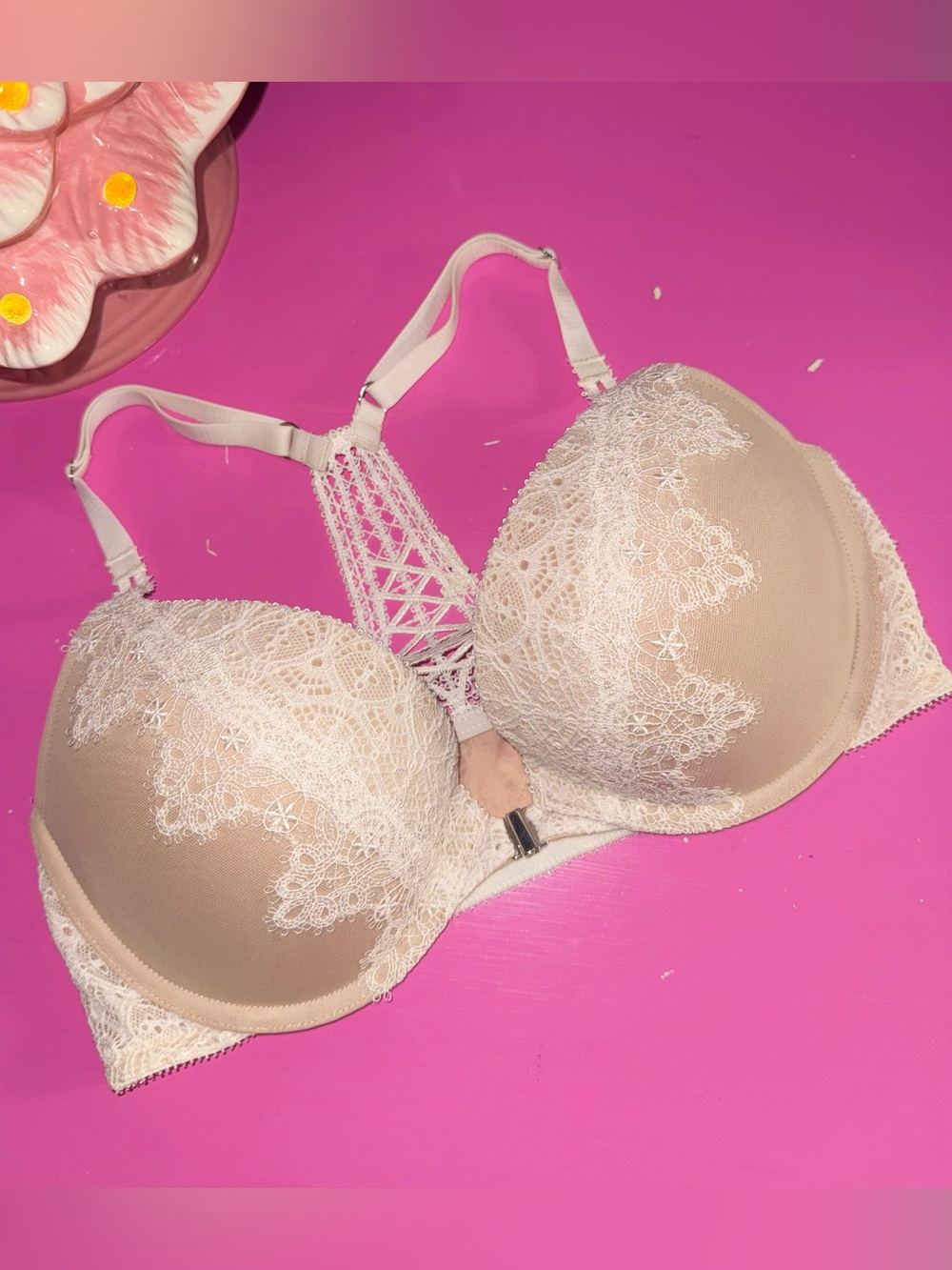 Victorias Secret Dream Angels push up bra 34D nude white lace racerback